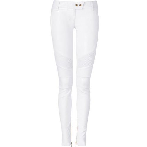 Men White Leather Locking Bondage Jeans with Rear Zip - Leather Addicts